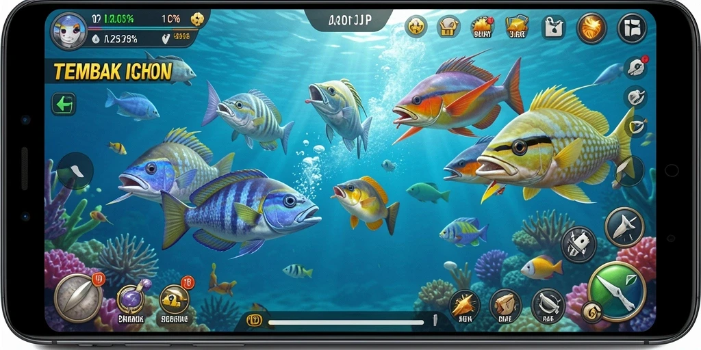 Tampilan gameplay Tembak Ikan yang menarik dan penuh warna.