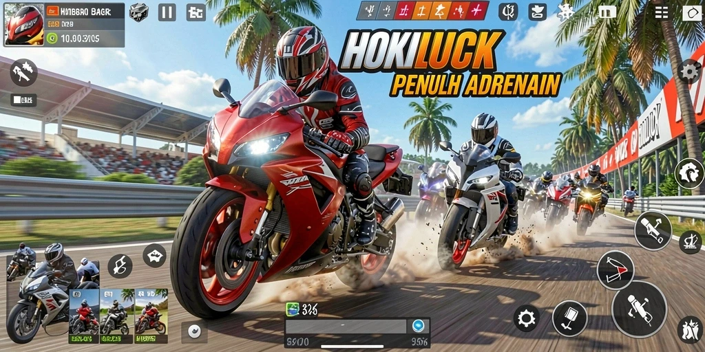 Tampilan gameplay HOKILUCK yang menegangkan saat balapan motor.