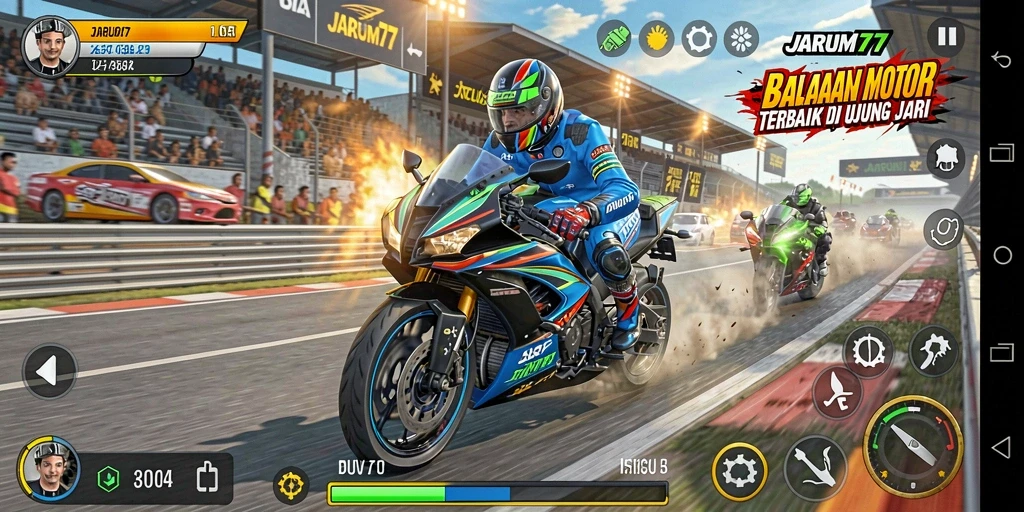 Screenshot JARUM77 menunjukkan adrenalin balapan motor yang mendebarkan.