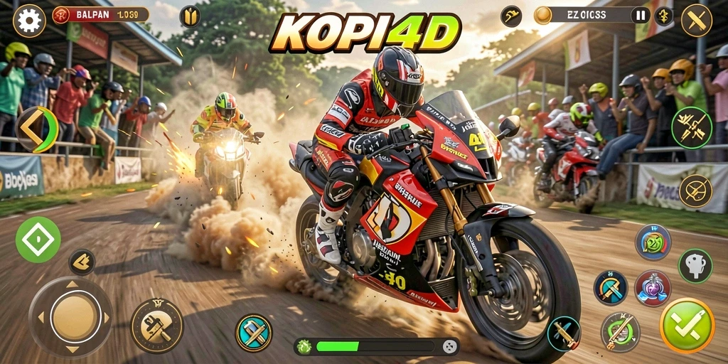 Tampilan utama KOPI4D menampilkan aksi balapan motor yang mendebarkan.
