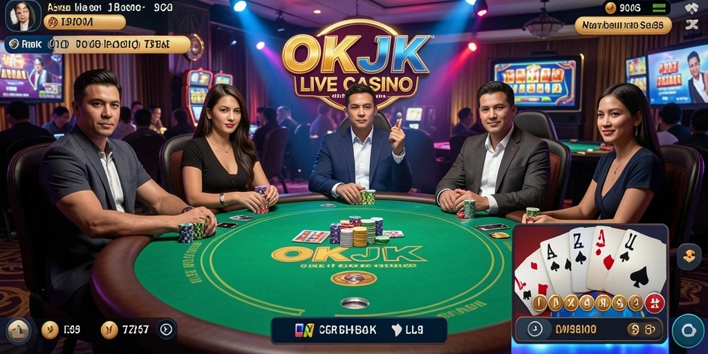 Screenshot gameplay OKJK menampilkan dealer langsung dan atmosfer kasino yang hidup.