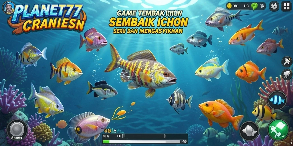 Tampilan gameplay seru dalam PLANET77 saat menembak ikan.